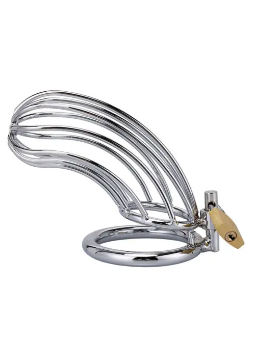 Cage de chasteté de haute qualité en métal chromé, d'une longueur de 11,5 cm, proposée par la marque d'accessoires BDSM XXX Dreamtoys.