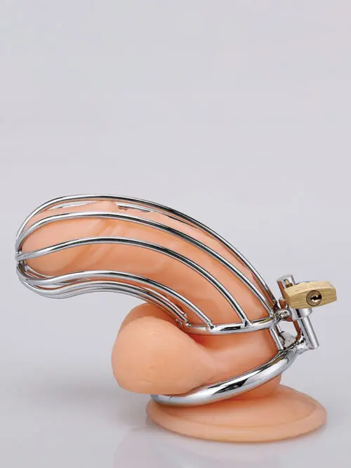Cage de chasteté de haute qualité en métal chromé, d'une longueur de 11,5 cm, proposée par la marque d'accessoires BDSM XXX Dreamtoys.