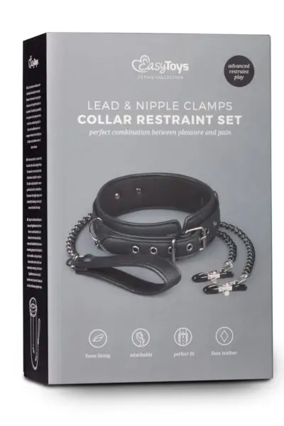 La marque Easytoys Fetish Collection propose un ensemble BDSM en faux cuir et métal permettant de s'adonner aux jeux de soumission et de domination. Il est composé d'un collier Fetish, relié à des pinces à mamelons par des chaines, et d'une laisse avec attache rapide.