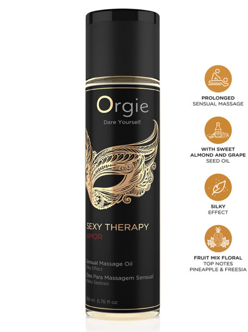 Orgie propose son huile de massage "Sexy Therapy Amor", une huile hybride minérale au parfum stimulant de fleurs et de fruits mélangés (avec notes de tête ananas et freesia), dédiée au massages sensuels du corps.