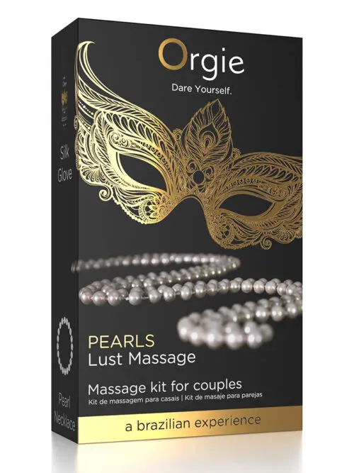 Le kit de massage Pearls Lust pour couple contient 1 gel de massage Silk Glove, 1 collier de perles et 1 guide de massage Pearls.
