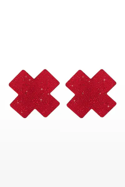 2 cache-tétons autocollants en forme de X (8x8 cm) rouge "Taboom Nipple X Covers Red".