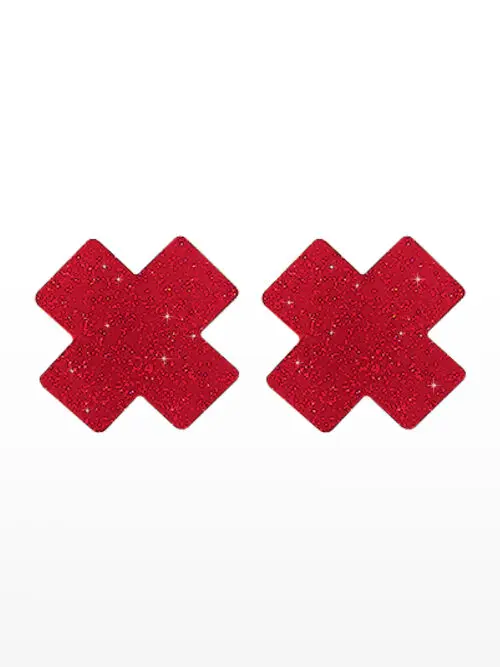 2 cache-tétons autocollants en forme de X (8x8 cm) rouge "Taboom Nipple X Covers Red".