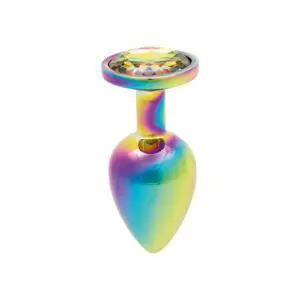 La marque Litolu présente ce petit plug bijou anal en aluminium couleur arc en ciel, décoré d’un strass multicolore.