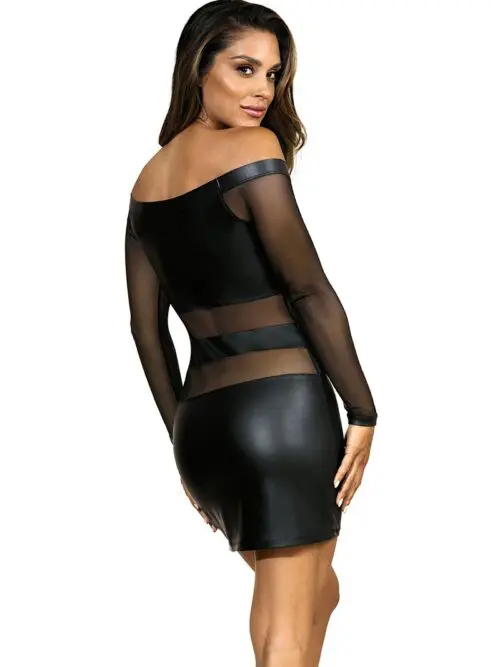 La marque Axami présente la robe noire V-9309 de la collection "Party at Ibiza", une mini robe très sexy, extensible, en microfibres, ornée de deux bandes transparentes en tulle qui entourent le corps au niveau du ventre du creux des reins.