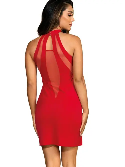 La marque Axami présente la robe rouge V-9259 de la collection "Party at Ibiza", une robe courte et sexy en microfibres et tulle, avec motifs et ouvertures sensuelles et un bijou strass au niveau du cou pour apporter une touche de classe.