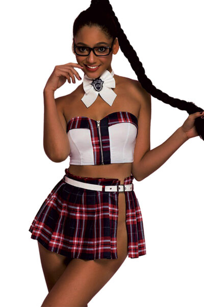 Tenue étudiante sexy (6 pièces) - Paris Hollywood 1 Ce déguisement d'étudiante sexy est composé de 6 pièces : un joli top bustier qui met en valeur la poitrine, une mini-jupe plissée à carreaux et ouverte, une paire de fausses lunettes, un tour de cou cocarde avec son écusson d'étudiante, un string et une jolie ceinture blanche.