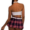 Tenue étudiante sexy (6 pièces) - Paris Hollywood 2 Ce déguisement d'étudiante sexy est composé de 6 pièces : un joli top bustier qui met en valeur la poitrine, une mini-jupe plissée à carreaux et ouverte, une paire de fausses lunettes, un tour de cou cocarde avec son écusson d'étudiante, un string et une jolie ceinture blanche.
