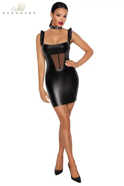 Robe courte wetlook et tulle F257 - Noir Handmade