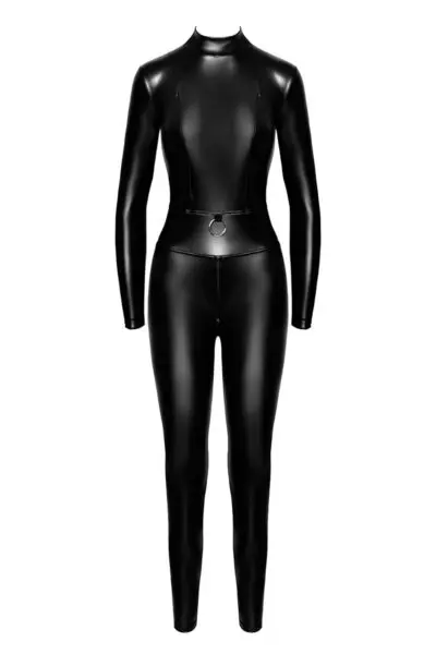 Combinaison intégrale Caged avec anneaux F319 - Noir Handmade 4 Combinaison intégrale en wetlook mat, à la coupe cintrée très structurée, décorée d'un anneau fetish chromé au niveau du nombril. Joliment coupée, la combinaison est resserrée à la taille, et arrondie sur les seins, les fesses et les hanches. La poitrine est fendue d'un zip vertical sur chaque sein, et d'un zip intime à double tirette pour une ouverture aisée. Elle est fermée derrière par un zip qui part du cou jusqu'au milieu du dos pour faciliter l'enfilage.
