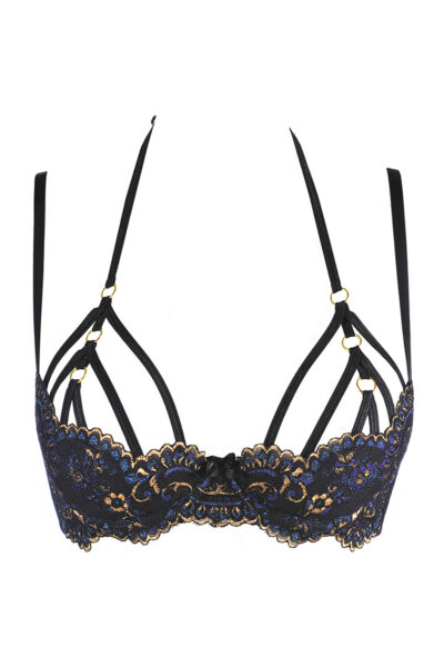 Soutien-gorge lingerie aux bonnets ouverts en tulle noir doublé et broderies aux reflets or et bleu par la marque Axami.