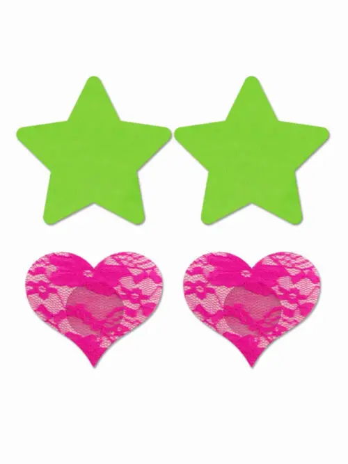 Set Caches-tétons Étoile et Coeur Fluo de la marque Glow