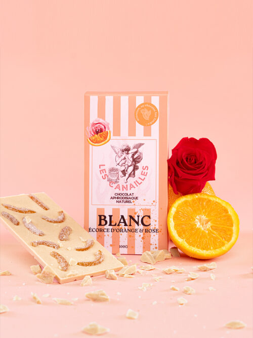 Tablette Chocolat Blanc Écorce d'Orange et Rose - 100g - Les Canailles - Gourmandise aphrodisiaque